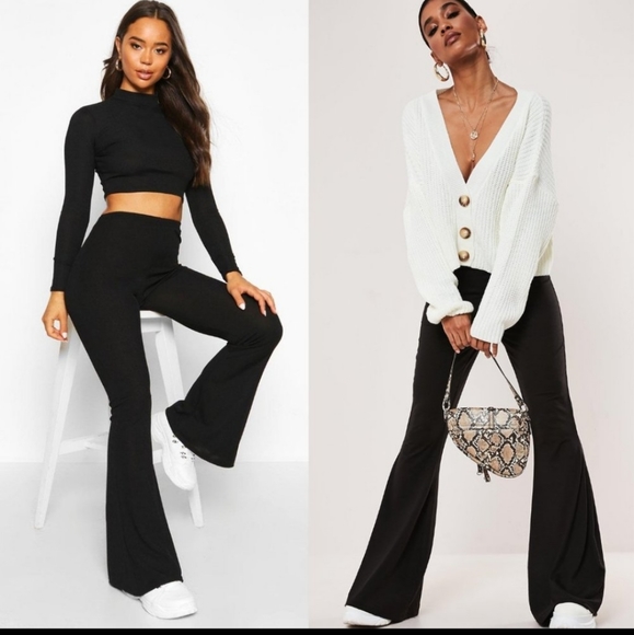 🔥 NEW PETITE BELL BOTTOM BRUSHED KNIT PANTS  BLACK! Size Small Medium Large - Picture 2 of 4